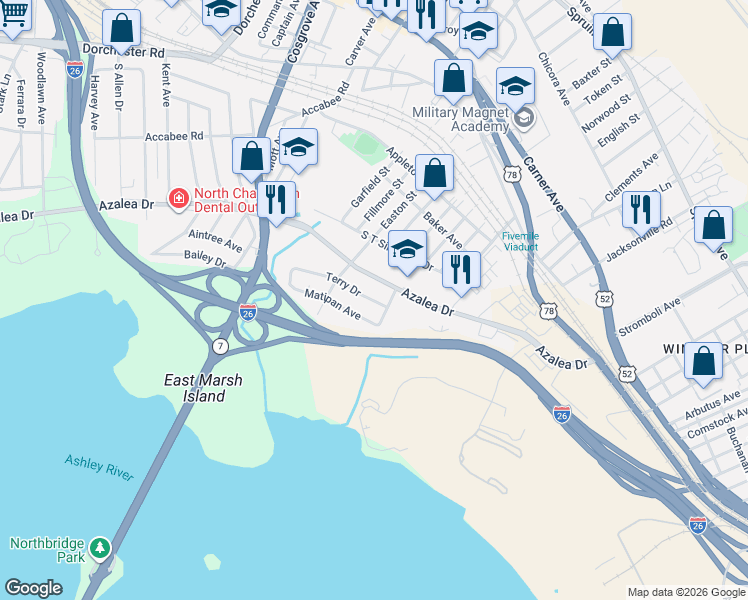 map of restaurants, bars, coffee shops, grocery stores, and more near 2312 Elegans Drive in North Charleston