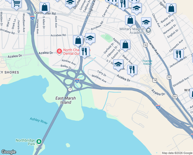 map of restaurants, bars, coffee shops, grocery stores, and more near 3105 Matipan Avenue in North Charleston