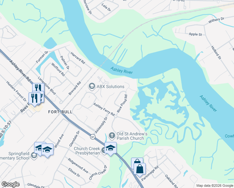 map of restaurants, bars, coffee shops, grocery stores, and more near 2330 Fidling Road in Charleston