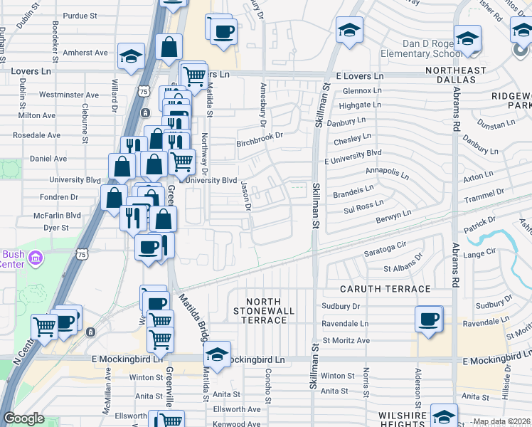 map of restaurants, bars, coffee shops, grocery stores, and more near 5908 Sandhurst Lane in Dallas