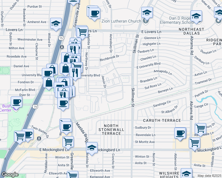 map of restaurants, bars, coffee shops, grocery stores, and more near 5908 Sandhurst Lane in Dallas