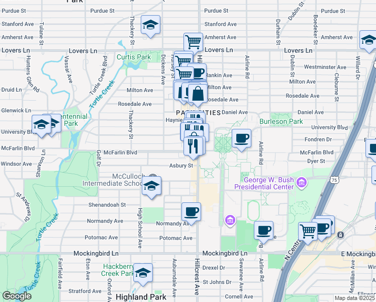map of restaurants, bars, coffee shops, grocery stores, and more near 3402 McFarlin Boulevard in Dallas