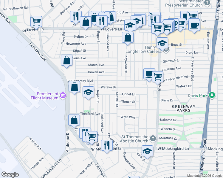 map of restaurants, bars, coffee shops, grocery stores, and more near 4818 Wateka Drive in Dallas
