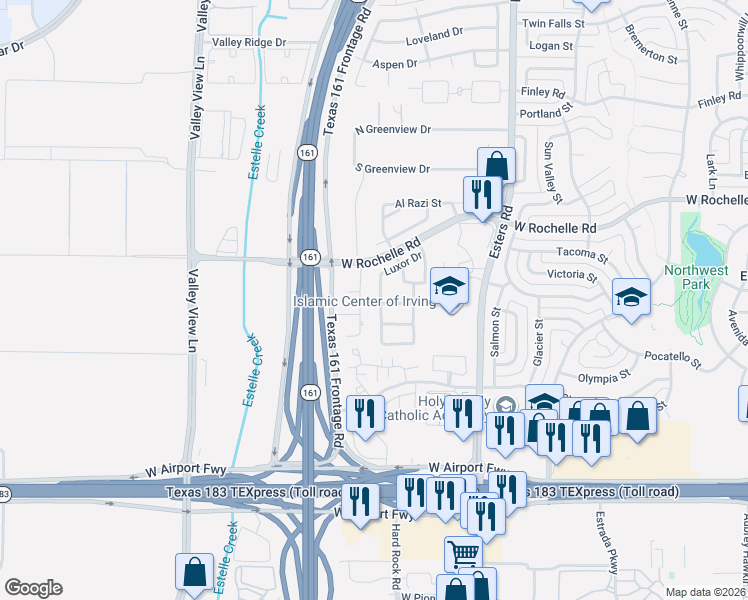 map of restaurants, bars, coffee shops, grocery stores, and more near 2807 Borama Drive in Irving