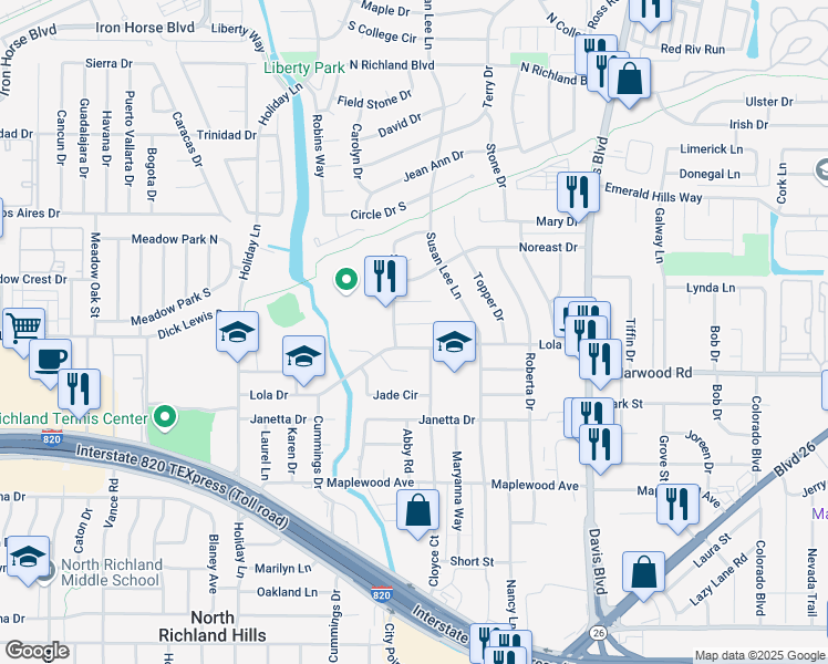 map of restaurants, bars, coffee shops, grocery stores, and more near 7512 Susan Court in Fort Worth
