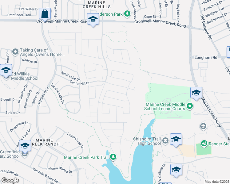 map of restaurants, bars, coffee shops, grocery stores, and more near 5225 Center Hill Drive in Fort Worth