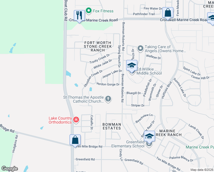map of restaurants, bars, coffee shops, grocery stores, and more near 6301 Verdon Gorge Drive in Fort Worth