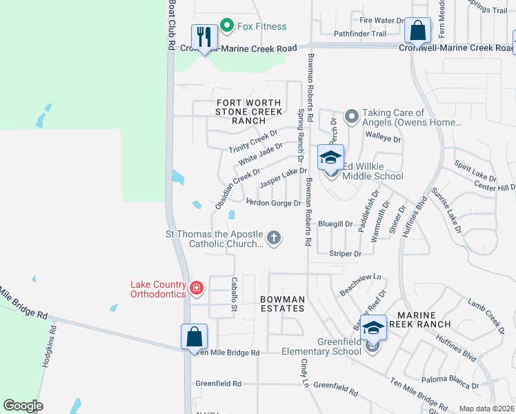 map of restaurants, bars, coffee shops, grocery stores, and more near 6301 Verdon Gorge Drive in Fort Worth