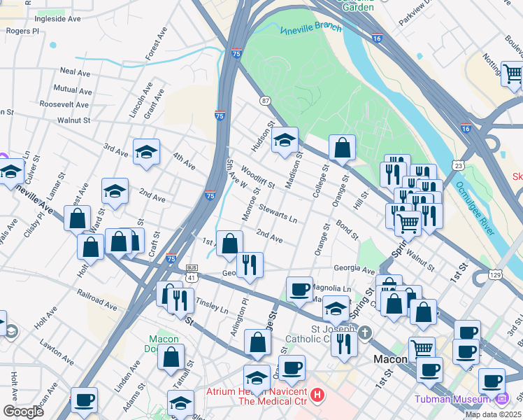 map of restaurants, bars, coffee shops, grocery stores, and more near 315 Singleton Street in Macon