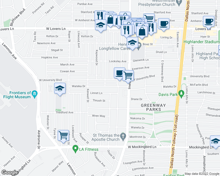 map of restaurants, bars, coffee shops, grocery stores, and more near 5048 Wateka Drive in Dallas