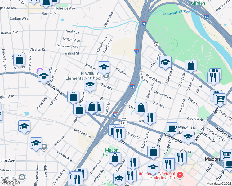 map of restaurants, bars, coffee shops, grocery stores, and more near 1840 2nd Avenue in Macon