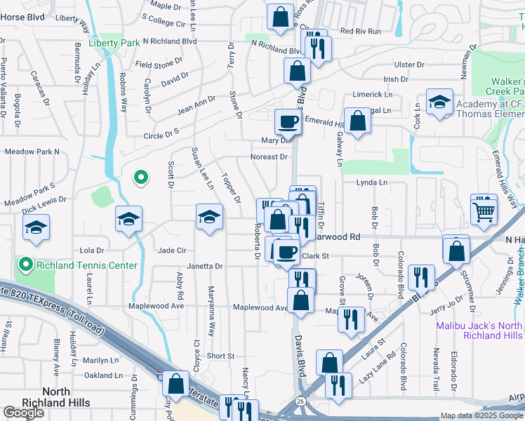 map of restaurants, bars, coffee shops, grocery stores, and more near 5308 Roberta Drive in Fort Worth