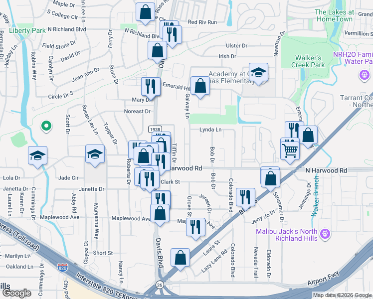 map of restaurants, bars, coffee shops, grocery stores, and more near 5327 Northridge Boulevard in Fort Worth