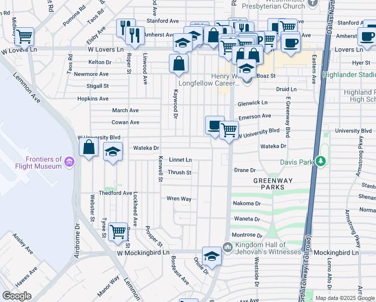 map of restaurants, bars, coffee shops, grocery stores, and more near 5024 Wateka Drive in Dallas