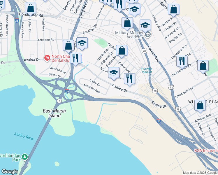 map of restaurants, bars, coffee shops, grocery stores, and more near 2312 Elegans Drive in North Charleston