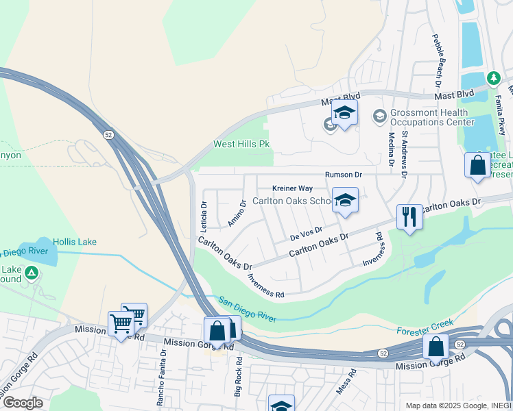 map of restaurants, bars, coffee shops, grocery stores, and more near 9426 Kaschube Way in Santee