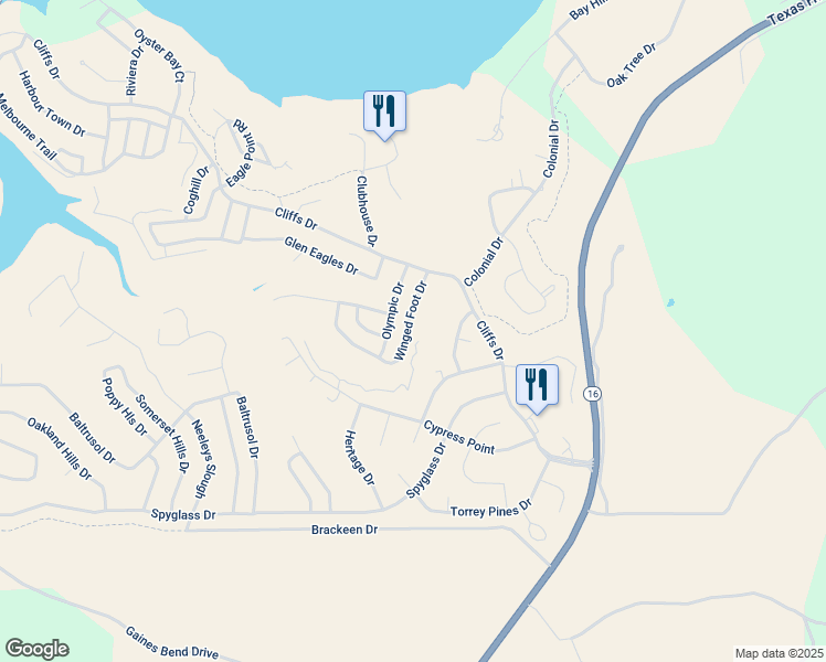 map of restaurants, bars, coffee shops, grocery stores, and more near 135 Winged Foot Drive in Graford