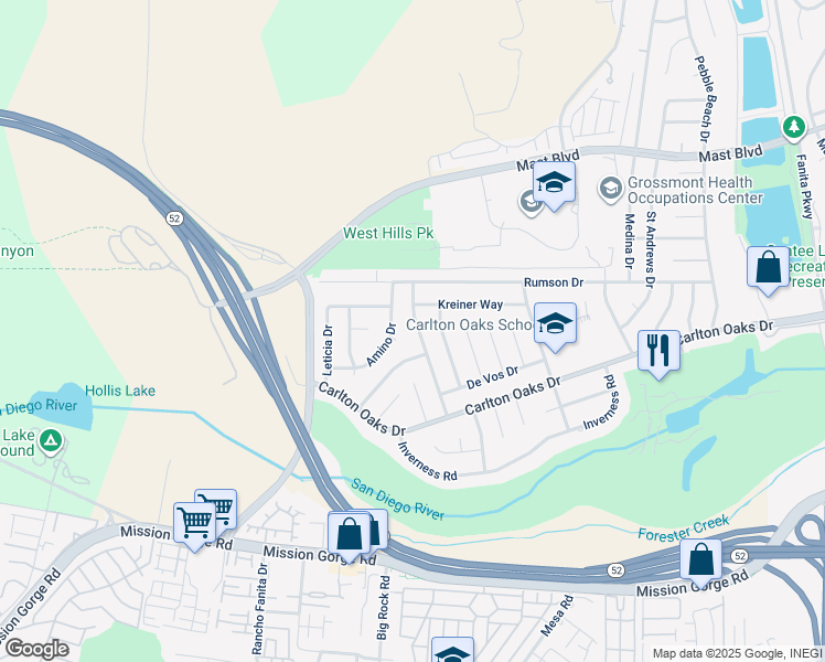 map of restaurants, bars, coffee shops, grocery stores, and more near 9426 Kaschube Way in Santee