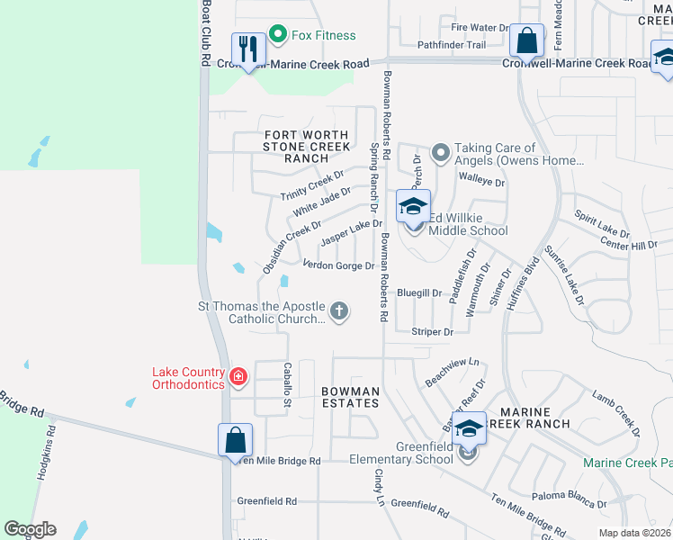 map of restaurants, bars, coffee shops, grocery stores, and more near 6301 Verdon Gorge Drive in Fort Worth