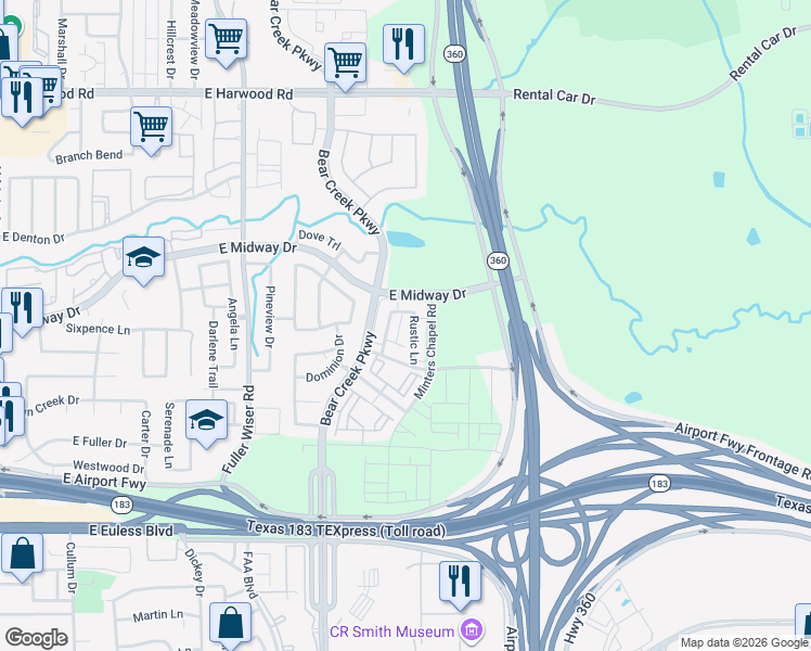 map of restaurants, bars, coffee shops, grocery stores, and more near 513 Rustic Lane in Euless