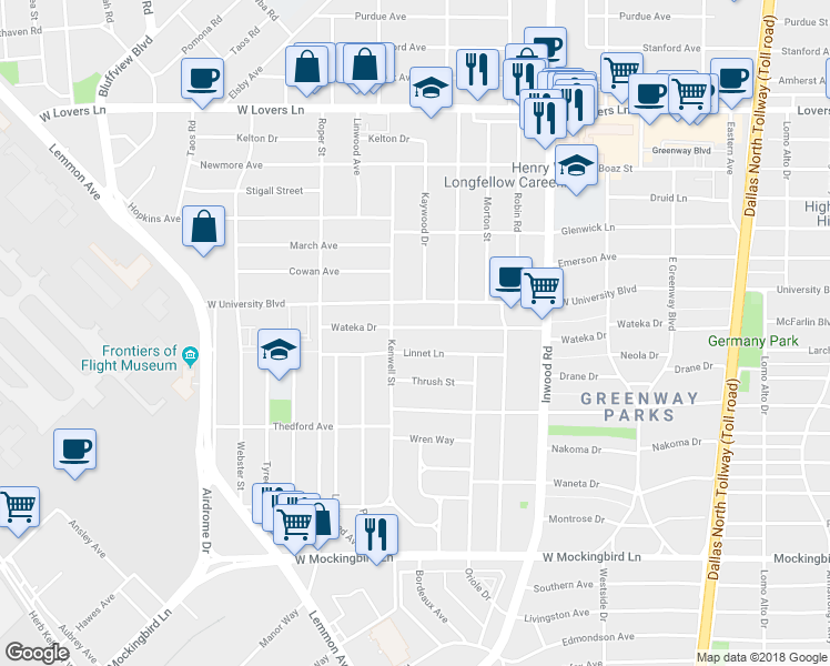 map of restaurants, bars, coffee shops, grocery stores, and more near 4922 Wateka Drive in Dallas