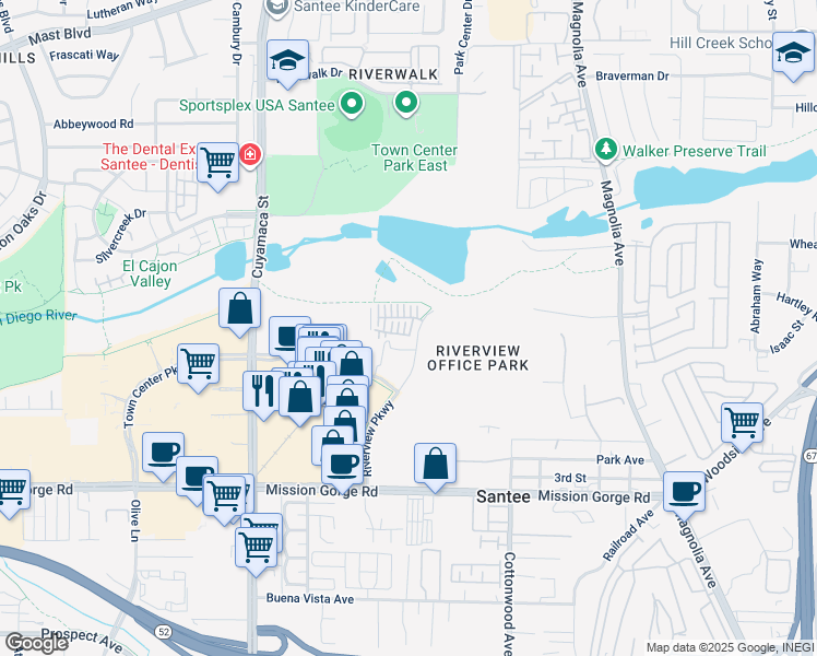map of restaurants, bars, coffee shops, grocery stores, and more near 320 Waverunner Court in Santee