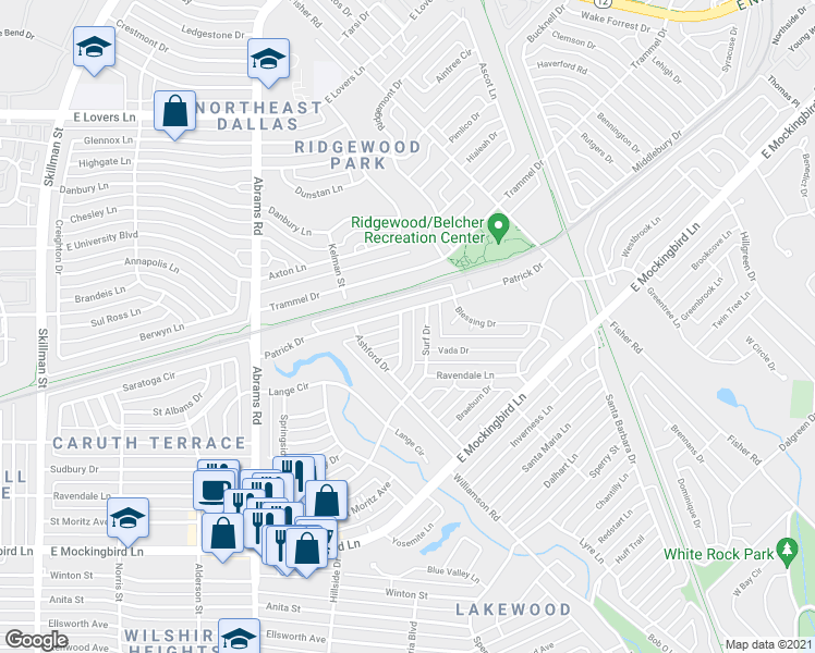 map of restaurants, bars, coffee shops, grocery stores, and more near 4550 Saint Landry Drive in Dallas