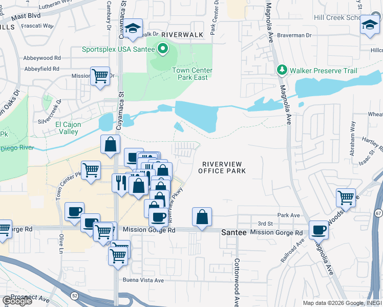 map of restaurants, bars, coffee shops, grocery stores, and more near 320 Lagoon Way in Santee