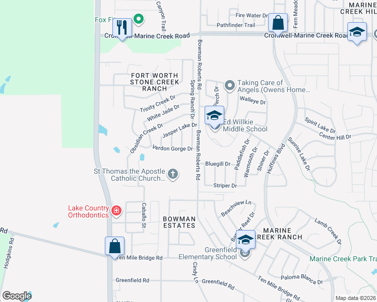 map of restaurants, bars, coffee shops, grocery stores, and more near 6217 Verdon Gorge Drive in Fort Worth