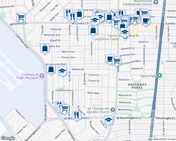 map of restaurants, bars, coffee shops, grocery stores, and more near 4916 Wateka Drive in Dallas