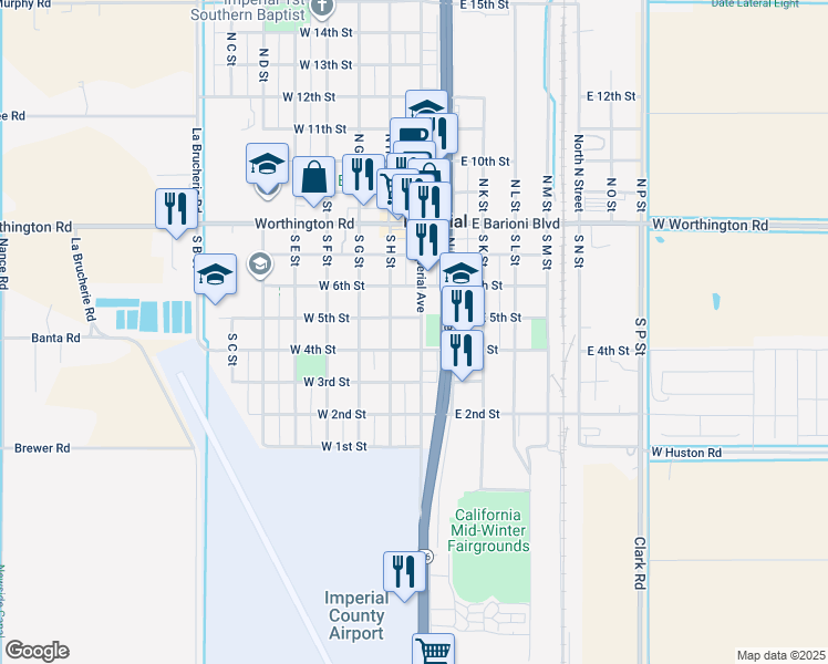 map of restaurants, bars, coffee shops, grocery stores, and more near 411 South Imperial Avenue in Imperial