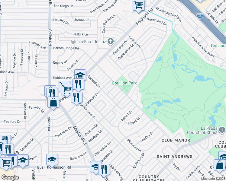 map of restaurants, bars, coffee shops, grocery stores, and more near 11022 Genetta Drive in Dallas