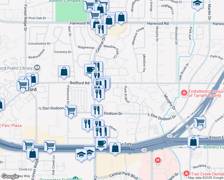 map of restaurants, bars, coffee shops, grocery stores, and more near 2224 Countryside Drive in Bedford
