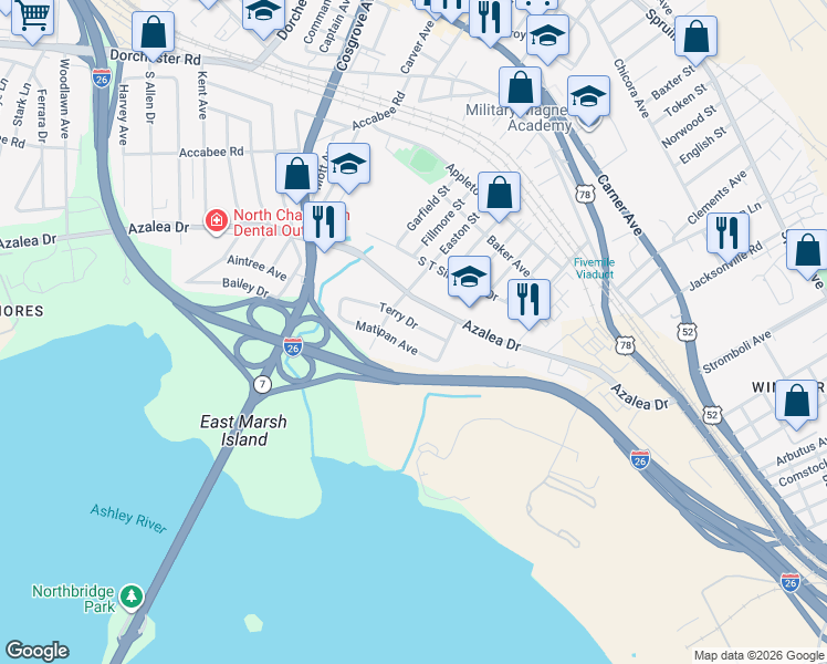 map of restaurants, bars, coffee shops, grocery stores, and more near 3027 Terry Drive in North Charleston