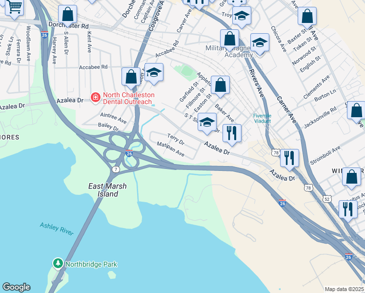 map of restaurants, bars, coffee shops, grocery stores, and more near 3027 Terry Drive in North Charleston