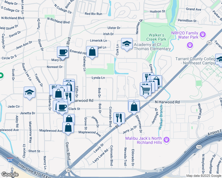 map of restaurants, bars, coffee shops, grocery stores, and more near 5325 Colorado Boulevard in North Richland Hills