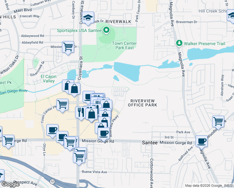 map of restaurants, bars, coffee shops, grocery stores, and more near 317 Brookside Way in Santee
