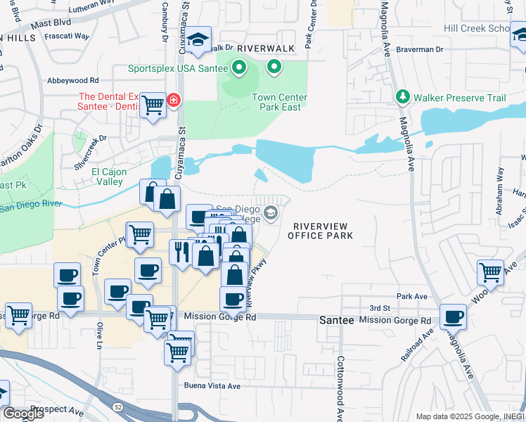 map of restaurants, bars, coffee shops, grocery stores, and more near 240 Riverview Pkwy in Santee