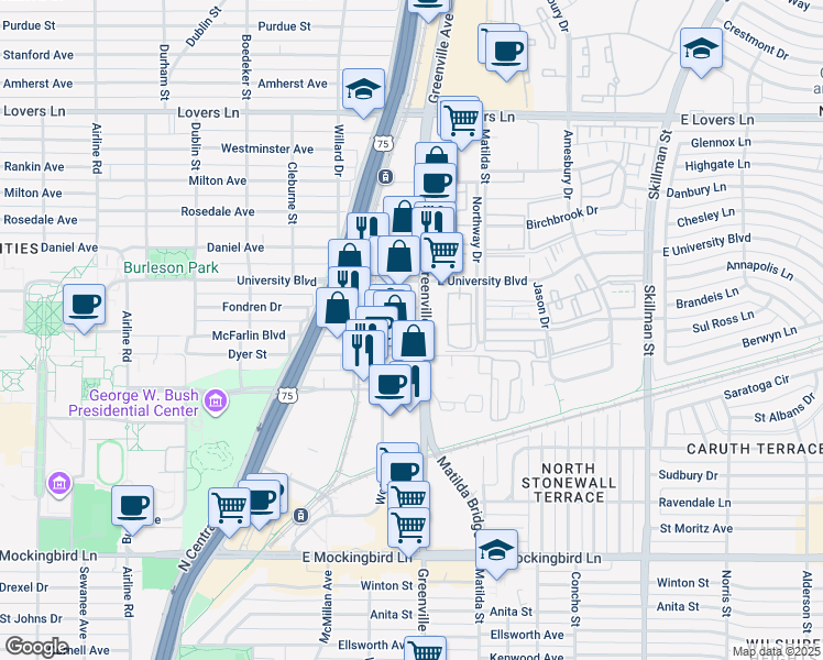 map of restaurants, bars, coffee shops, grocery stores, and more near 4625 Greenville Avenue in Dallas