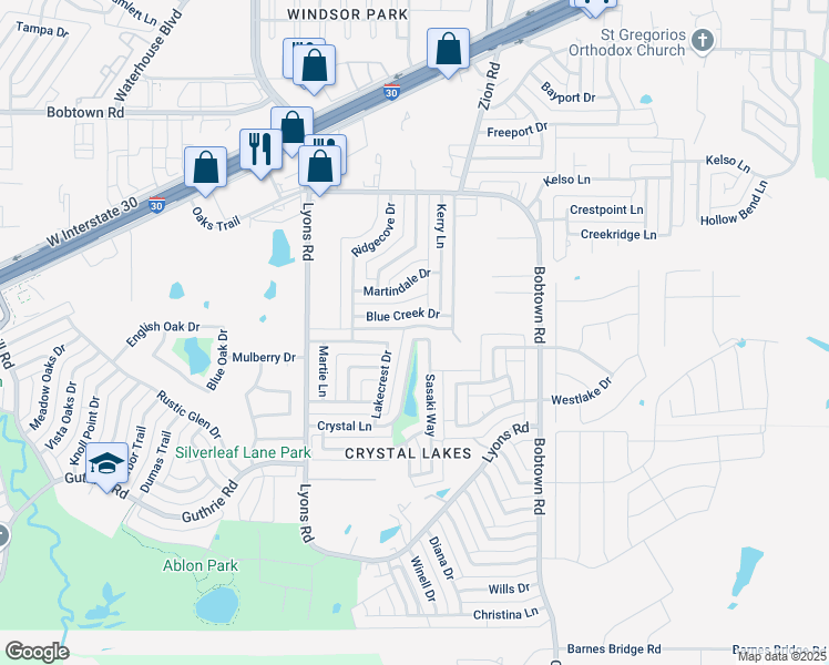 map of restaurants, bars, coffee shops, grocery stores, and more near 4521 Crystal Lane in Garland