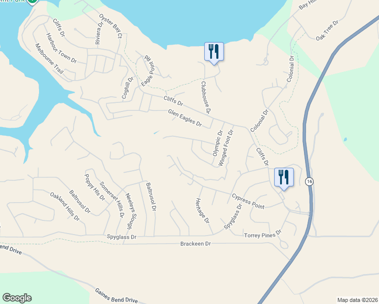 map of restaurants, bars, coffee shops, grocery stores, and more near 415 Winged Foot Drive in Graford