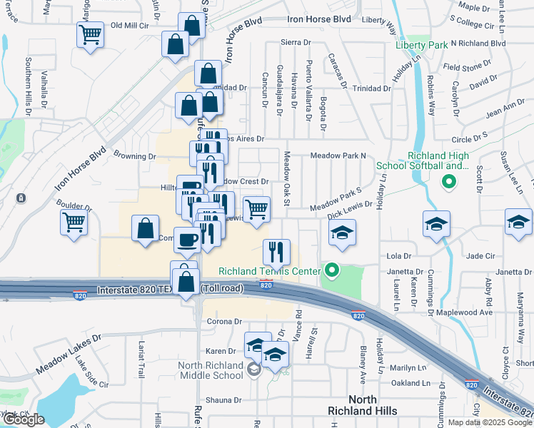 map of restaurants, bars, coffee shops, grocery stores, and more near 5501 Lewis Court in North Richland Hills