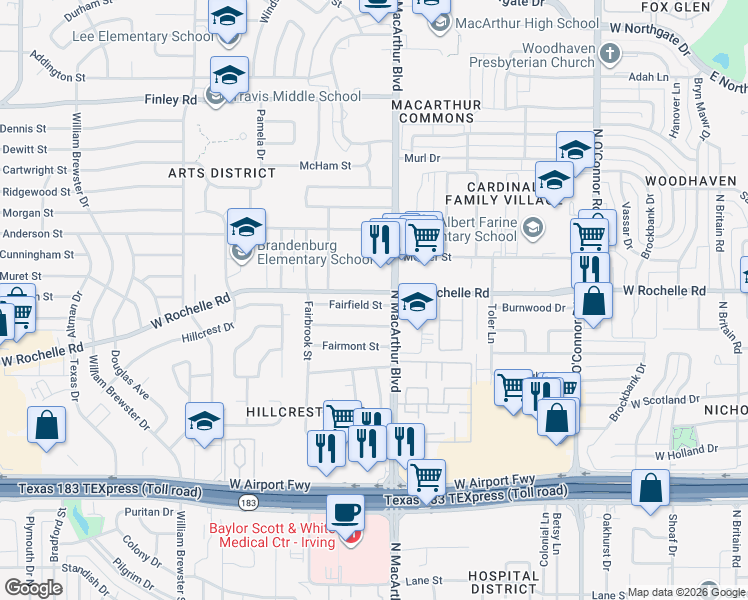 map of restaurants, bars, coffee shops, grocery stores, and more near 1113 Fairfield Street in Irving