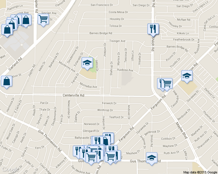map of restaurants, bars, coffee shops, grocery stores, and more near 10803 Stallcup Drive in Dallas