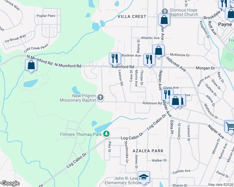 map of restaurants, bars, coffee shops, grocery stores, and more near 4270 Robinson Court in Macon
