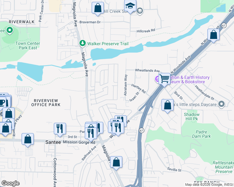 map of restaurants, bars, coffee shops, grocery stores, and more near 9255 Magnolia Avenue in Santee