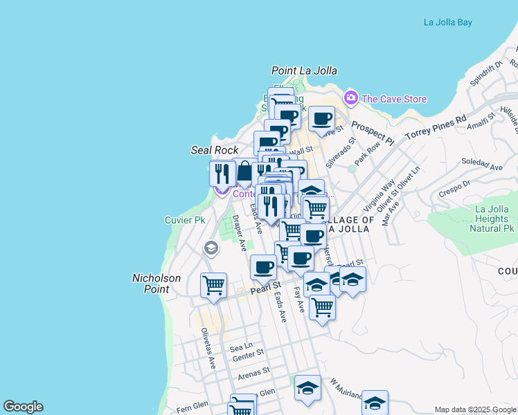 map of restaurants, bars, coffee shops, grocery stores, and more near 7757 Eads Avenue in San Diego