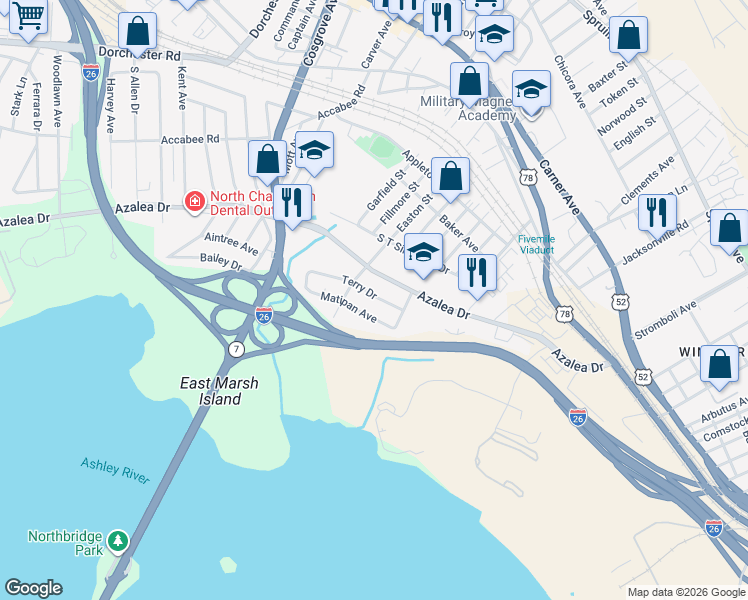 map of restaurants, bars, coffee shops, grocery stores, and more near 3027 Terry Drive in North Charleston