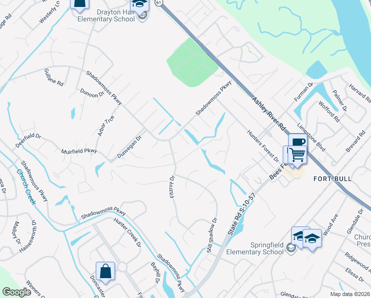 map of restaurants, bars, coffee shops, grocery stores, and more near 17 Glenkirk Drive in Charleston