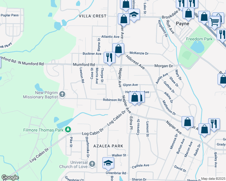 map of restaurants, bars, coffee shops, grocery stores, and more near 3491 Bond Street West in Macon